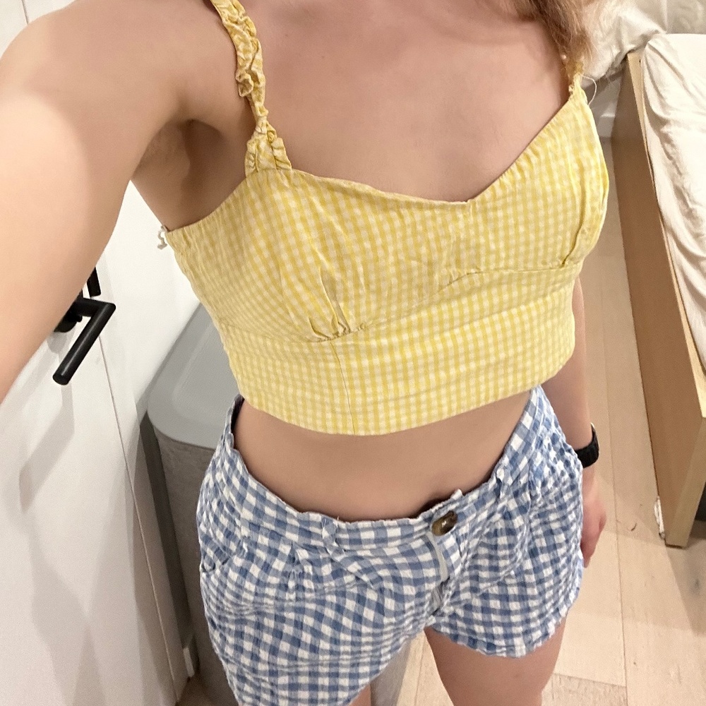 Cute cotton two piece set shorts bustier sweet blue picnic check